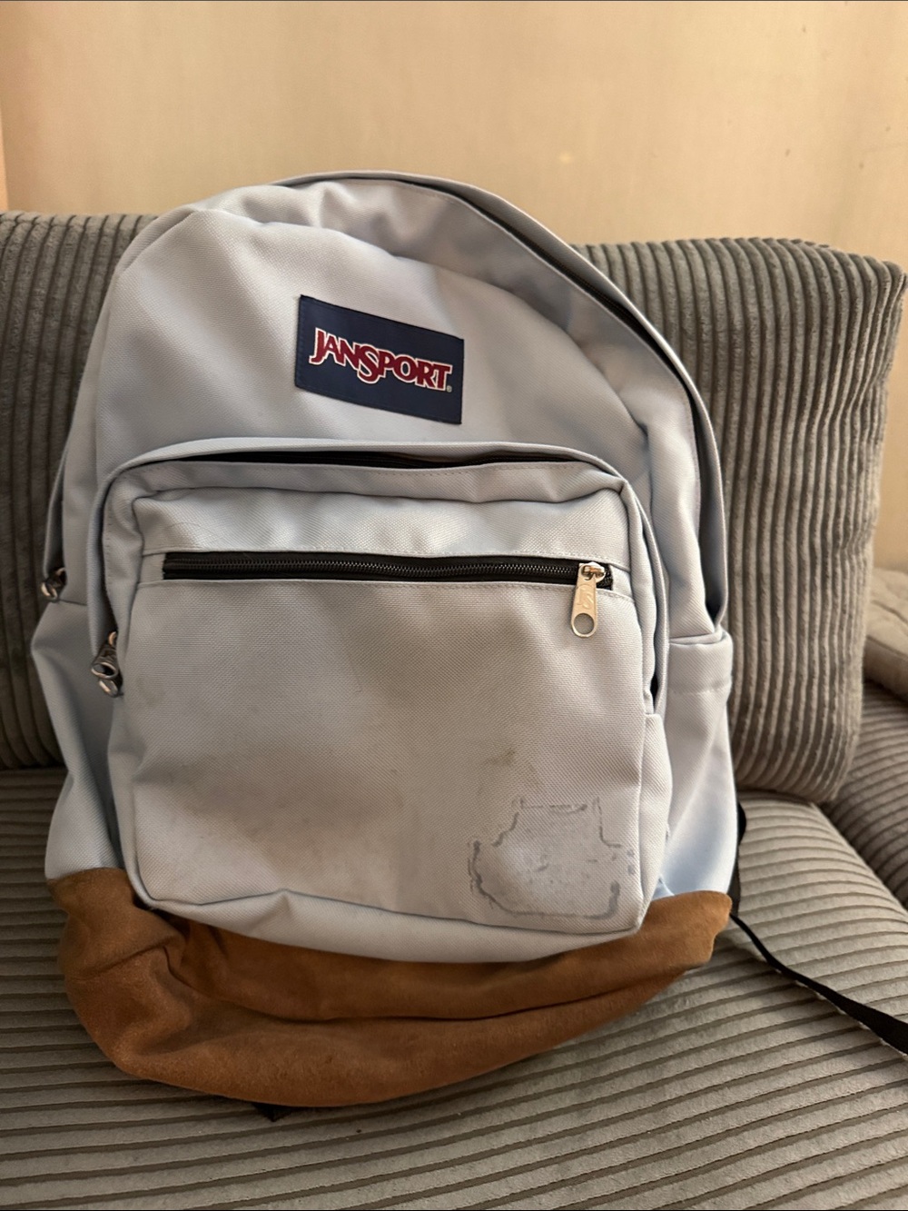 Jansport Light Blue Backpack with Brown Suede Base